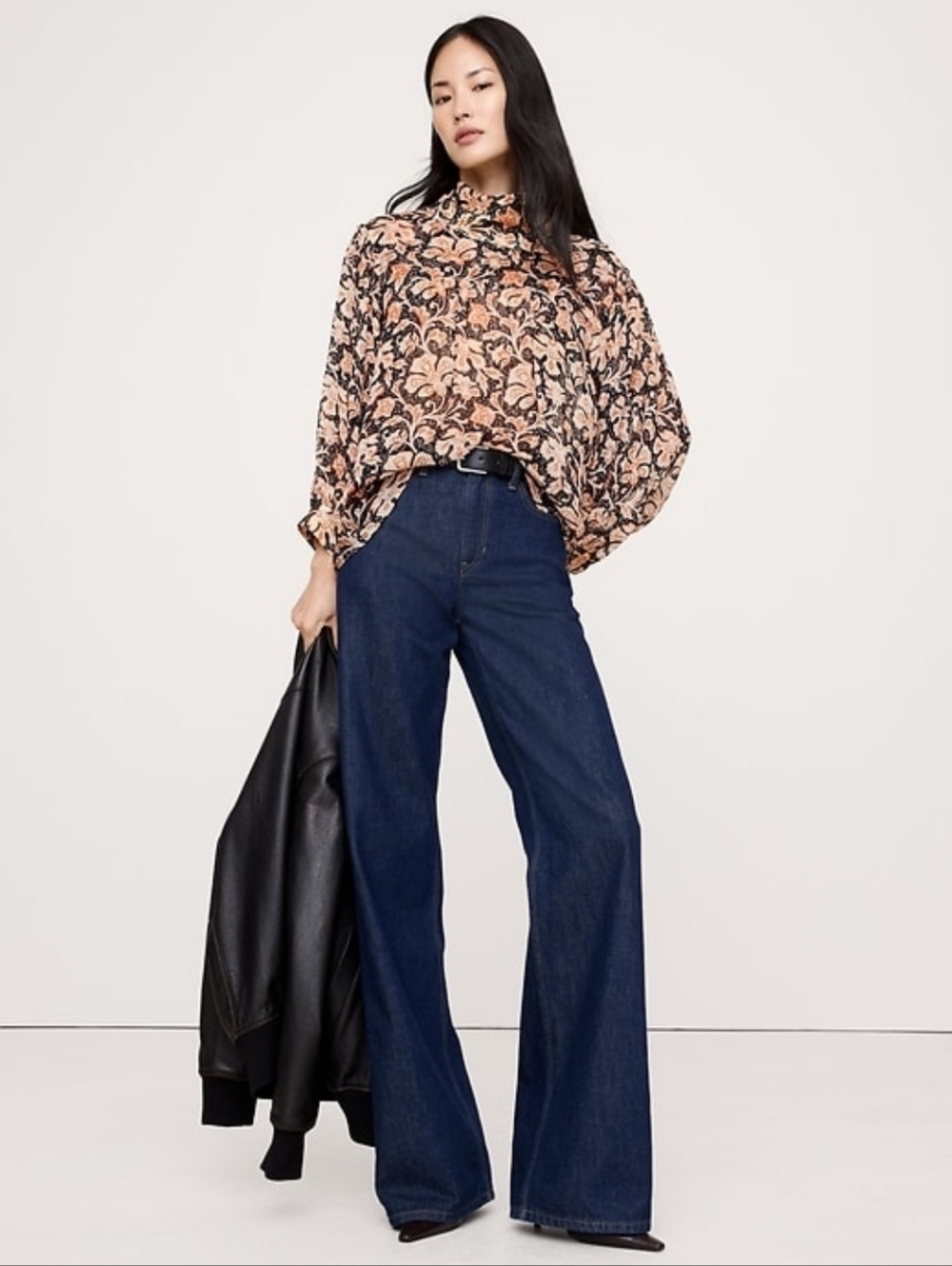 Banana Republic NWT Reversed Western Shirt Gold Lurex Peach & Black Floral XS